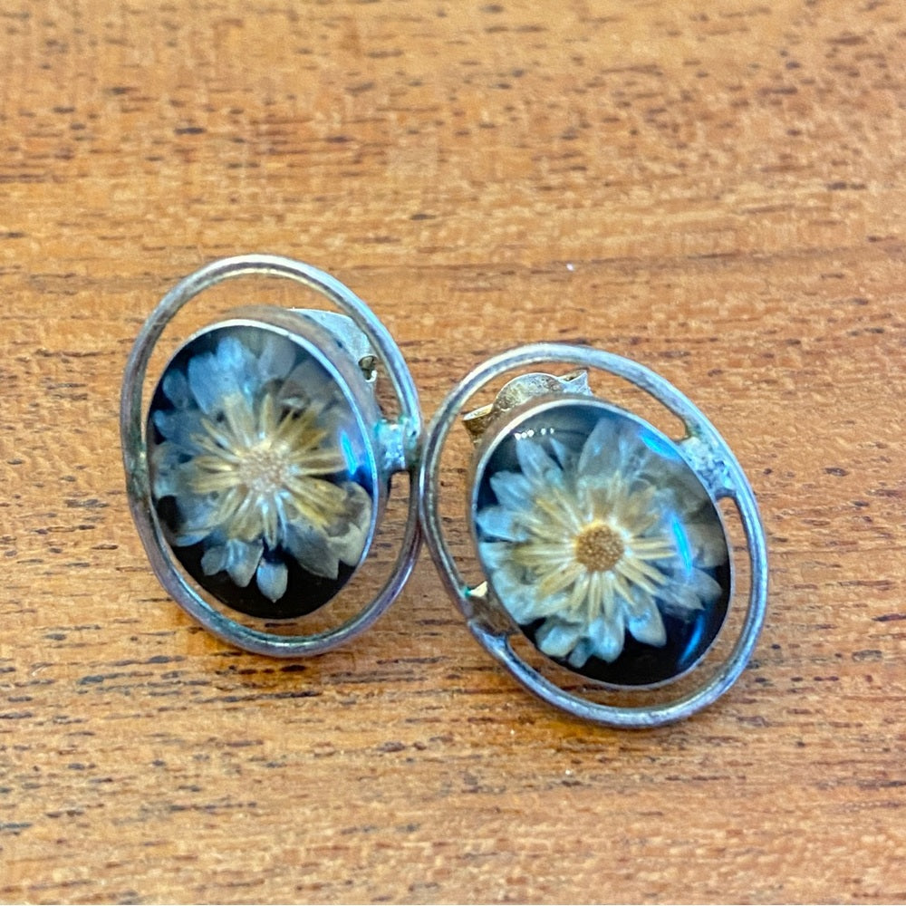 Handcrafted 1970s Pressed Flower Earrings 925 Taxco Sterling Silver