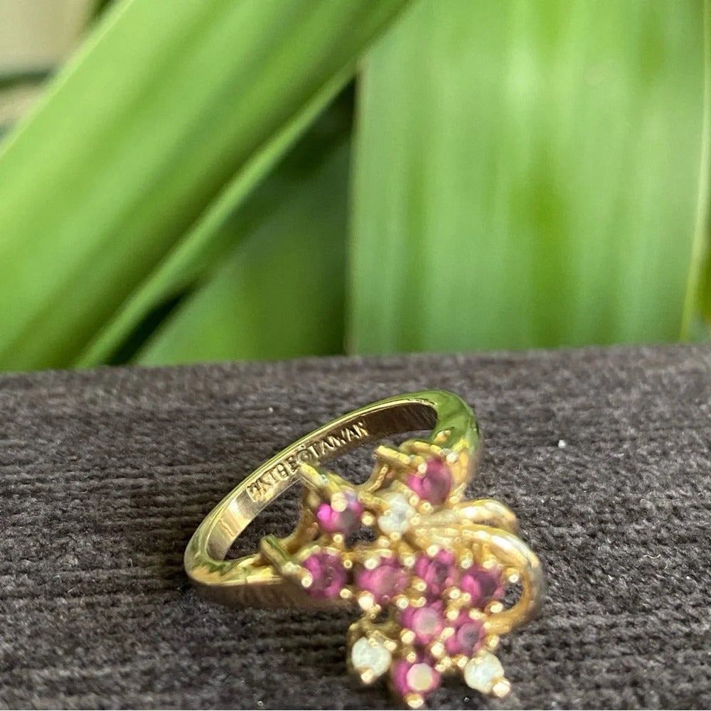 Gold 14KT GE Amethyst Rhinestone Floral Cluster Ring Size 4.75