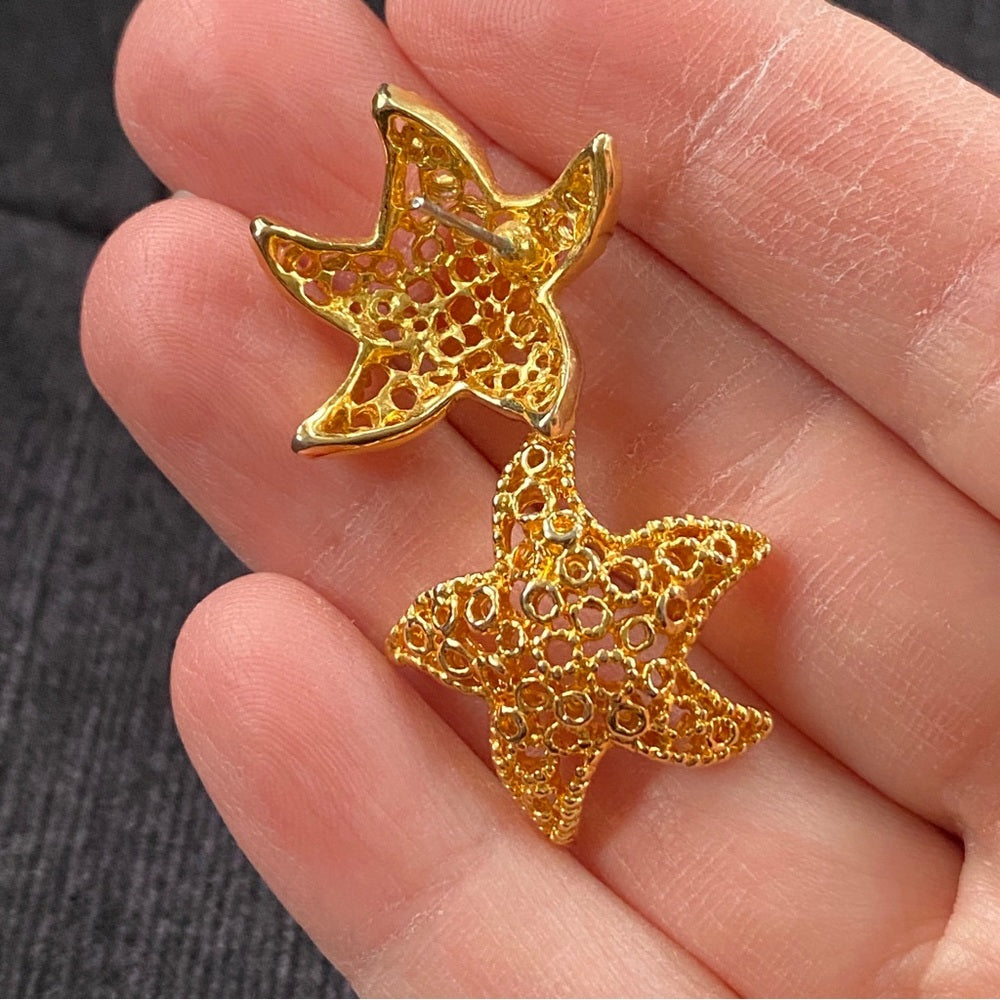 Nautical Gold Tone Mesh Starfish Earrings Pierced