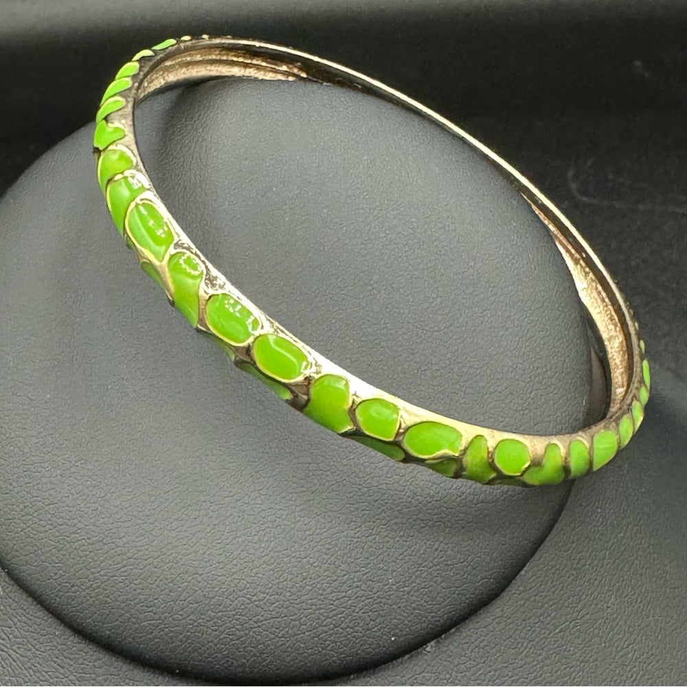 Green Enamel and Gold Tone Metal Bangle