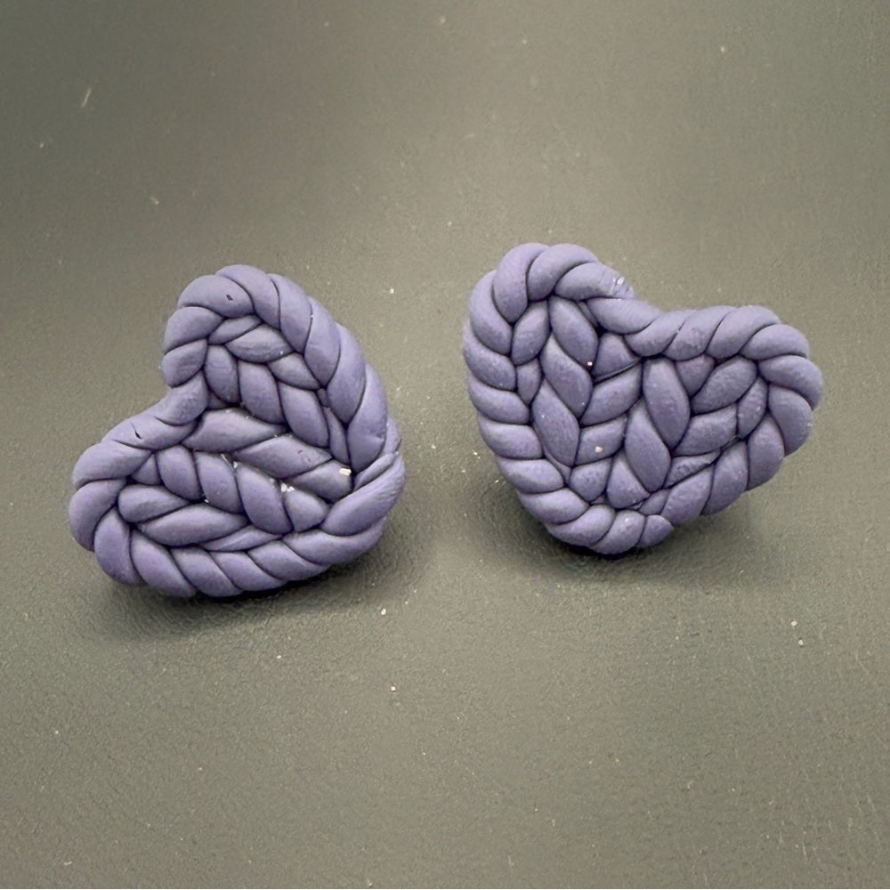 Purple Braided Heart Polymer Clay Stud Earrings