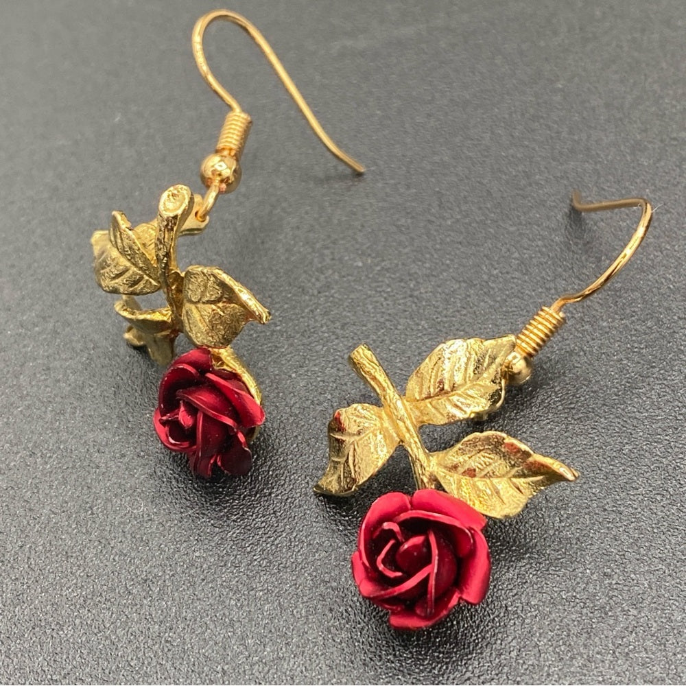 Vintage Red Rose Gold Tone Hook Earrings