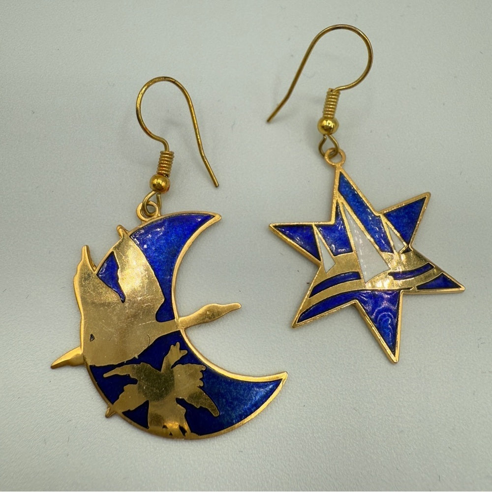 Vintage Cloisonné Bird & Landscape Earrings — Royal Blue & Gold