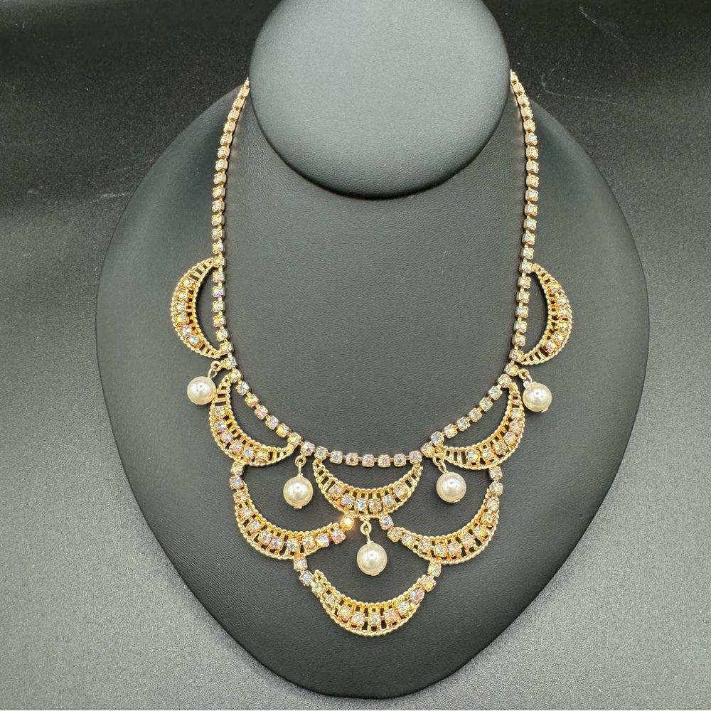 Stunning Crystal Rhinestone and Pearl Glitzy Bib Necklace and Earring Set