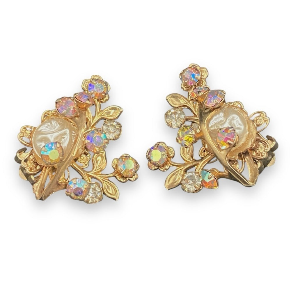 Gorgeous Baroque Style AB Crystal and Faux Pearl Vintage Clip On Earrings