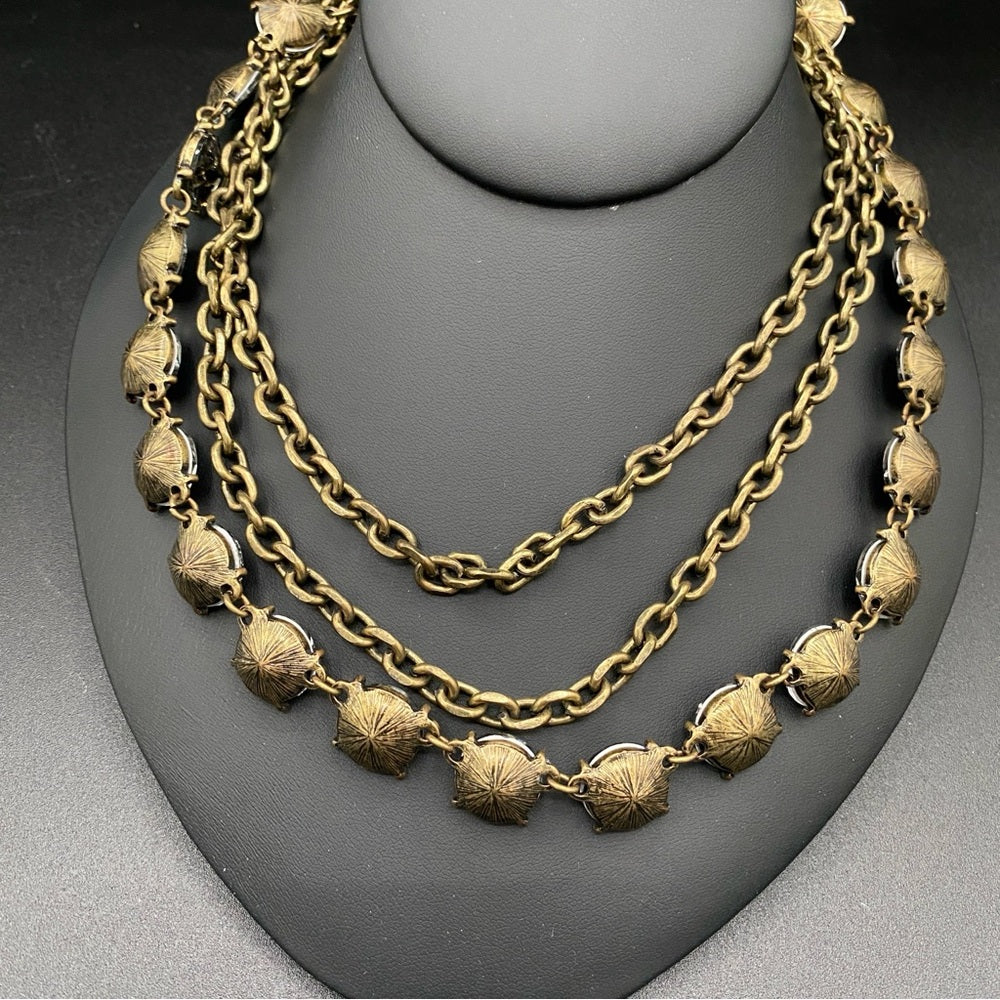 Unique Smoky Grey Glass Rhinestone 3 Chain Statement Necklace