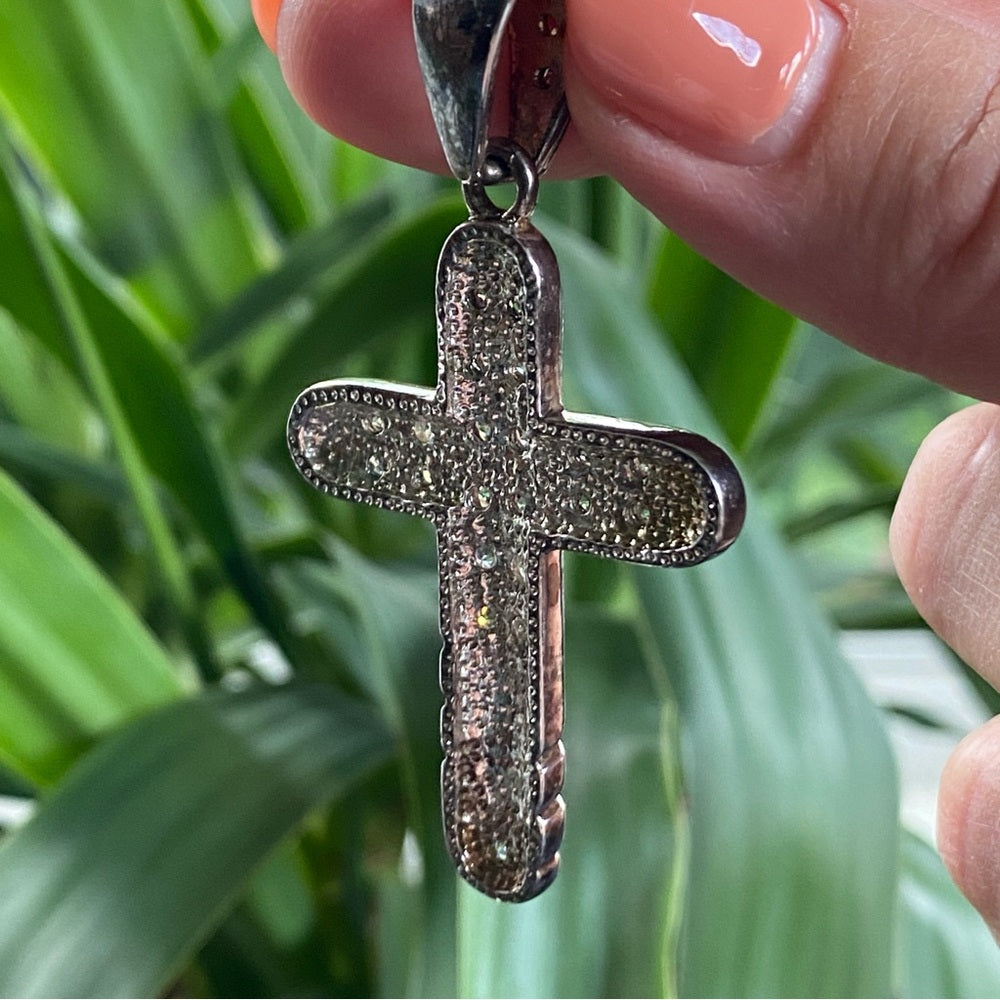 Vintage Silver 925 Cross Pendant with Studded CZ Rhinestones