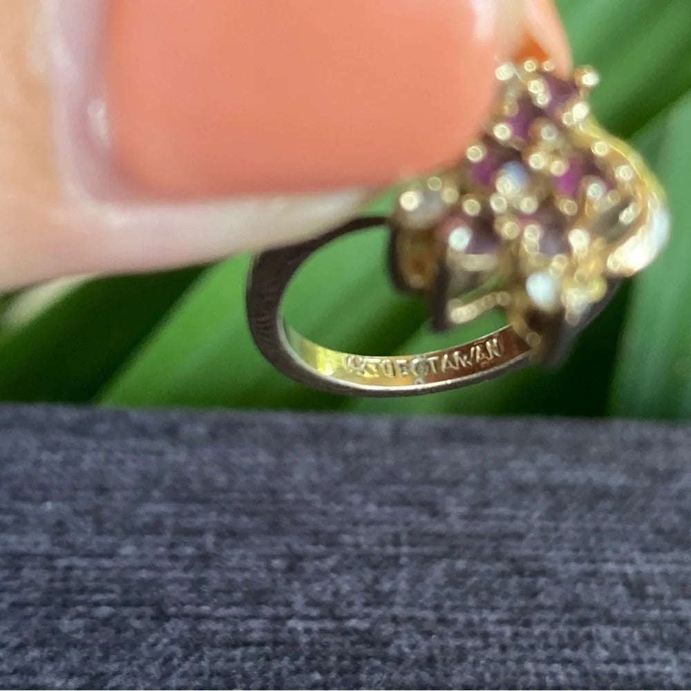 Gold 14KT GE Amethyst Rhinestone Floral Cluster Ring Size 4.75