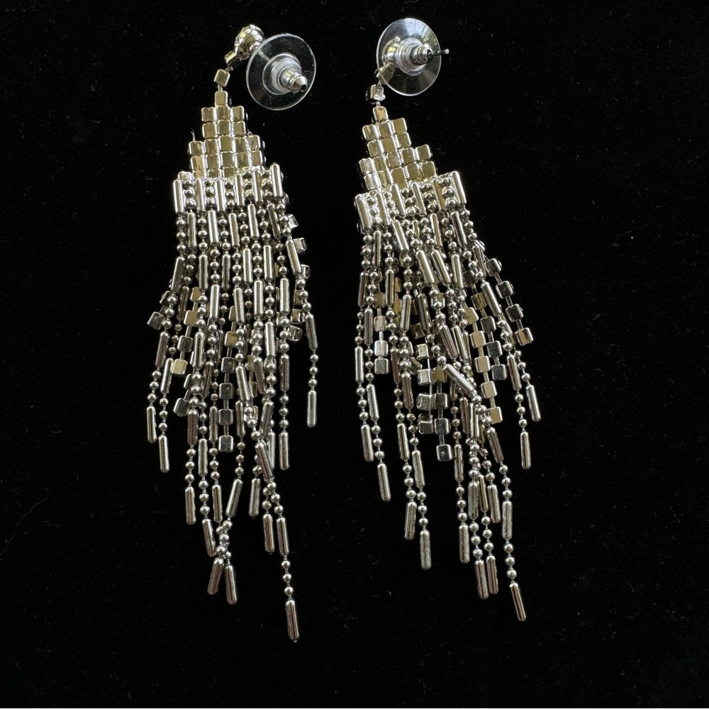 Badgley Mischka Cascading Silver Tone Fringe Rhinestone Earrings Pierced