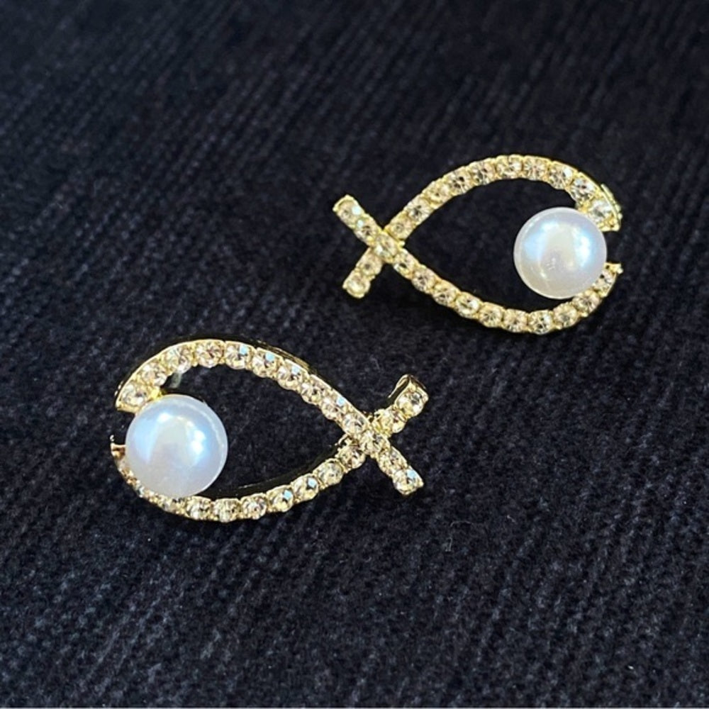 Faux Pearl and Rhinestone Encrusted Bow Earrings Pierced