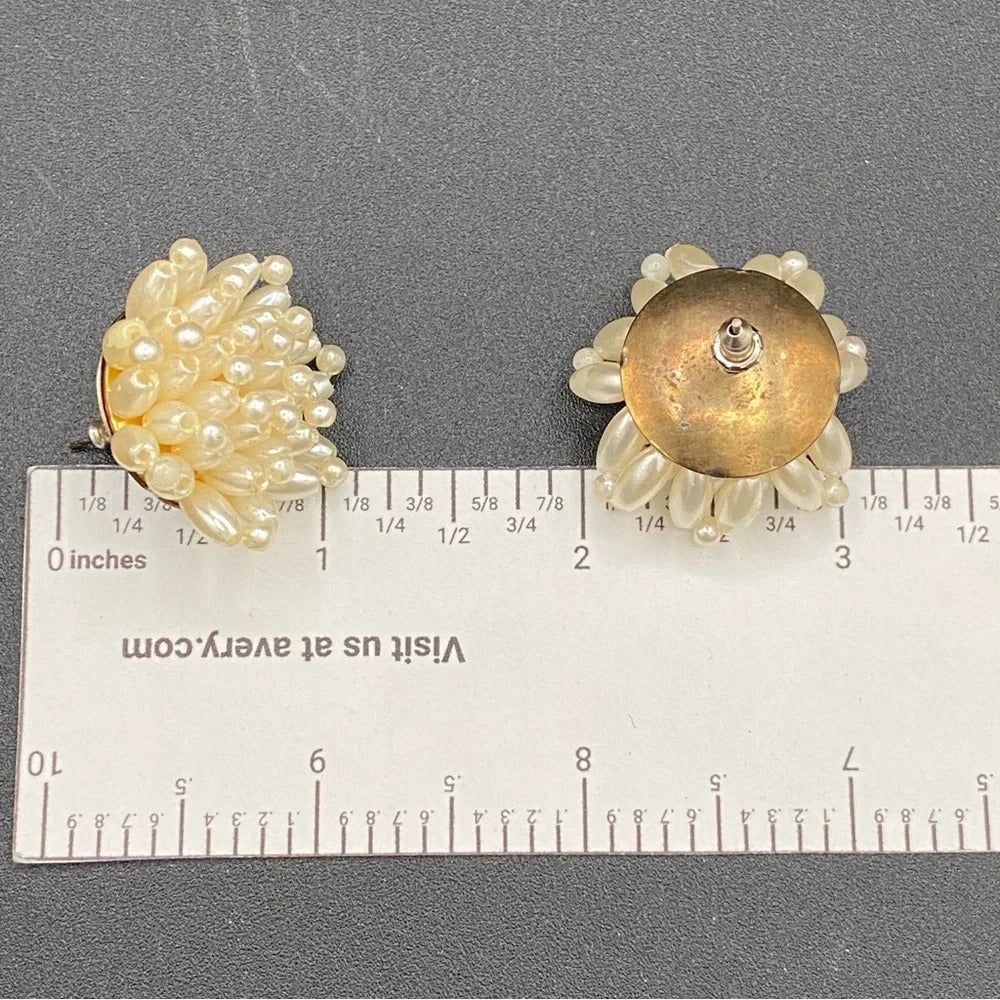 Vintage Cluster Earrings with Faux Pearl Beads in a Flower Design - pierced