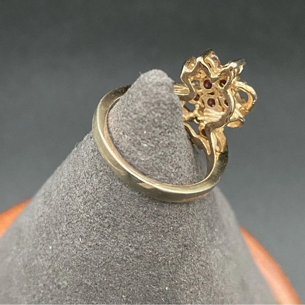 Gold 14KT GE Amethyst Rhinestone Floral Cluster Ring Size 4.75