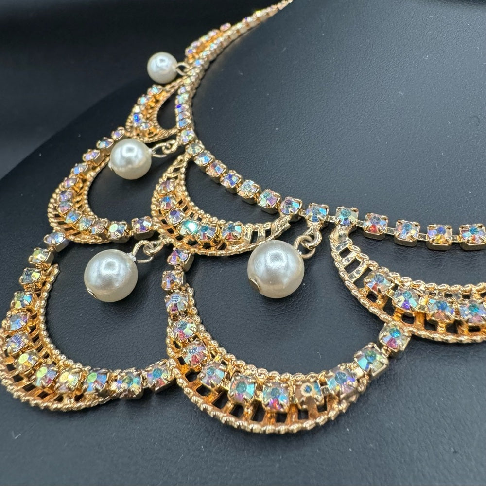 Stunning Crystal Rhinestone and Pearl Glitzy Bib Necklace and Earring Set