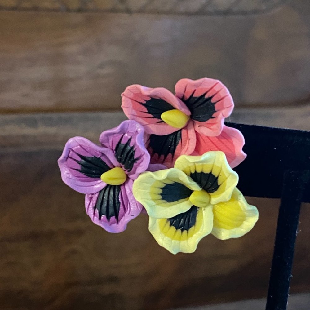 Pansy Flower Bunch Polymer Push Back Earrings