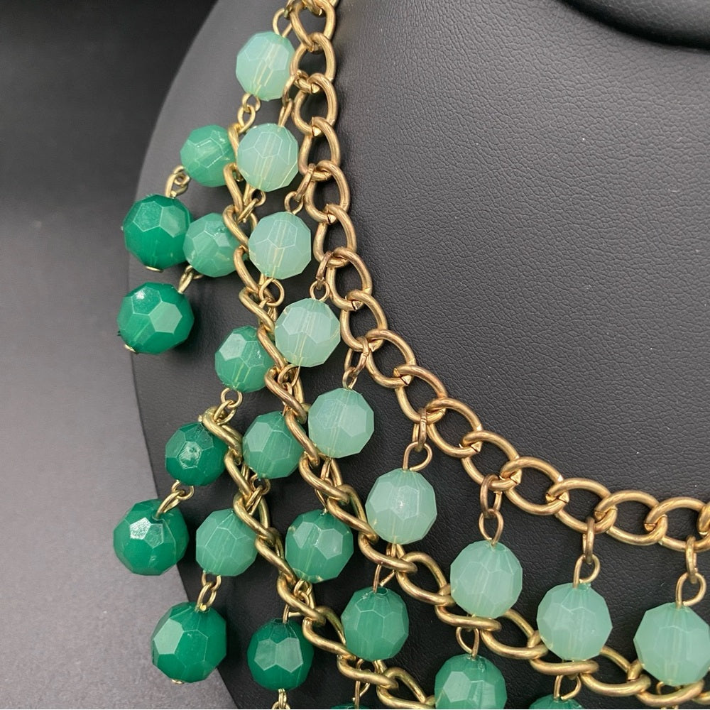 Ombre Green Beaded Fringe Necklace and Pretty Gold Tone Chunky Chain