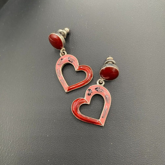 Pink and Red Enamel Heart Dangle Earrings