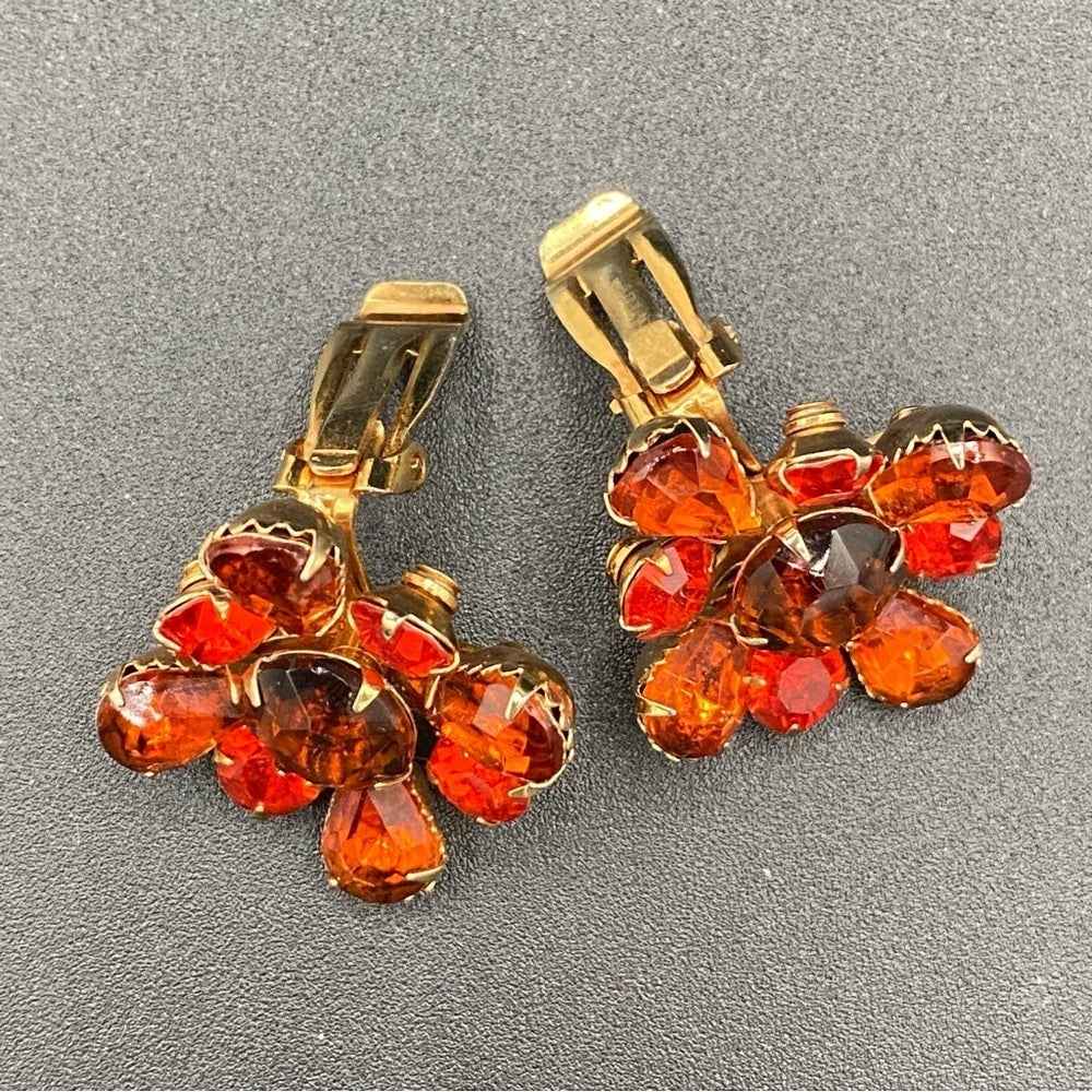 1950s Canary Orange Floral Clip On Earrings