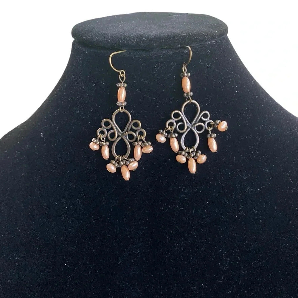 Peach Colored Ornate Antiqued Chandelier Looking Dangle Earrings