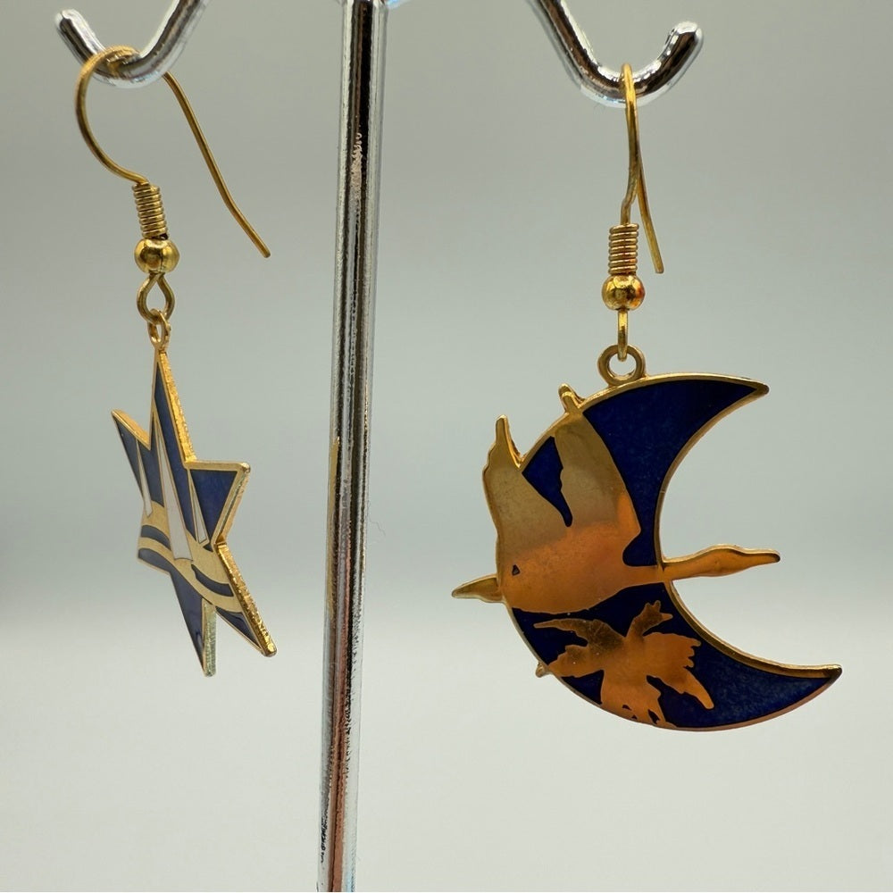 Vintage Cloisonné Bird & Landscape Earrings — Royal Blue & Gold