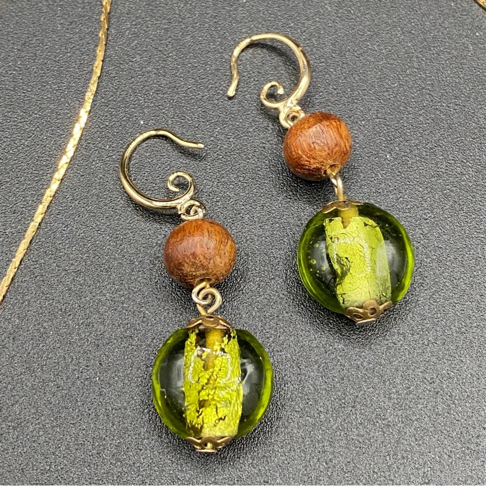 Exquisite Murano Glass Pendant and Earring Set in Green and Gold Swirl