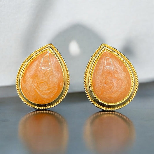 Peach and Gold Toned Tear Drop Vintage Enamel Stud Earrings