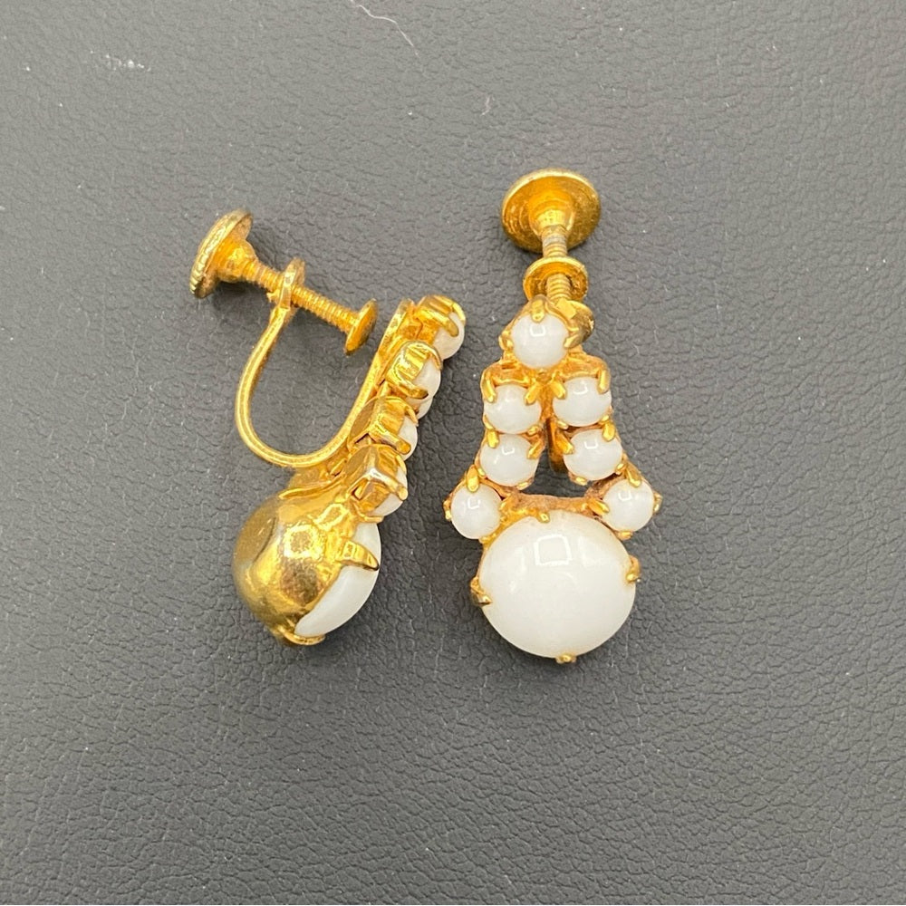 Vintage Milk Glass in Prong Setting Dangle ScrewBack Earrings