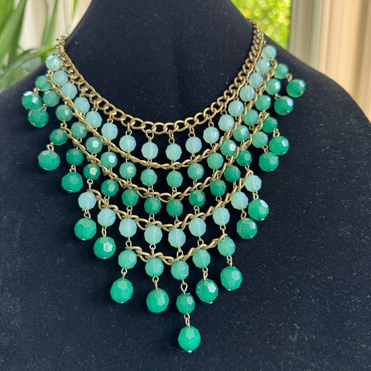 Ombre Green Beaded Fringe Necklace and Pretty Gold Tone Chunky Chain