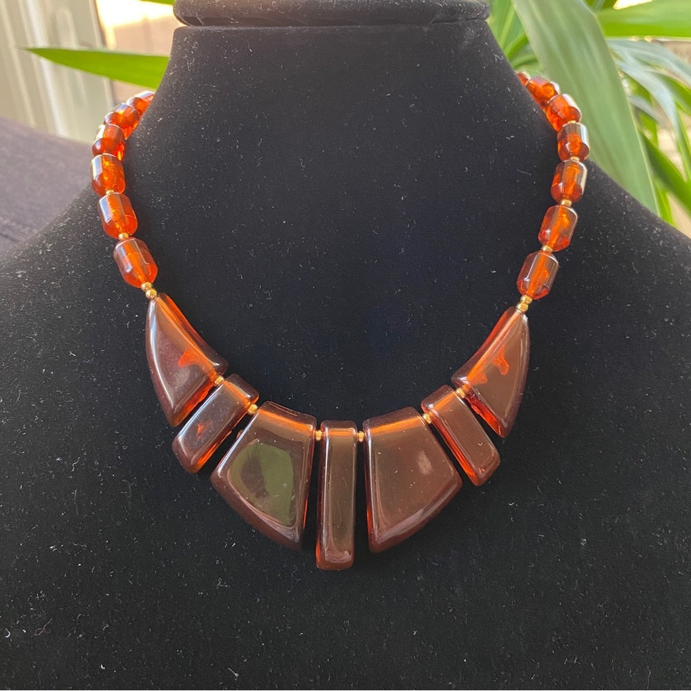 Vintage 70s era Amber Brown Chunky Lucite Statement Necklace