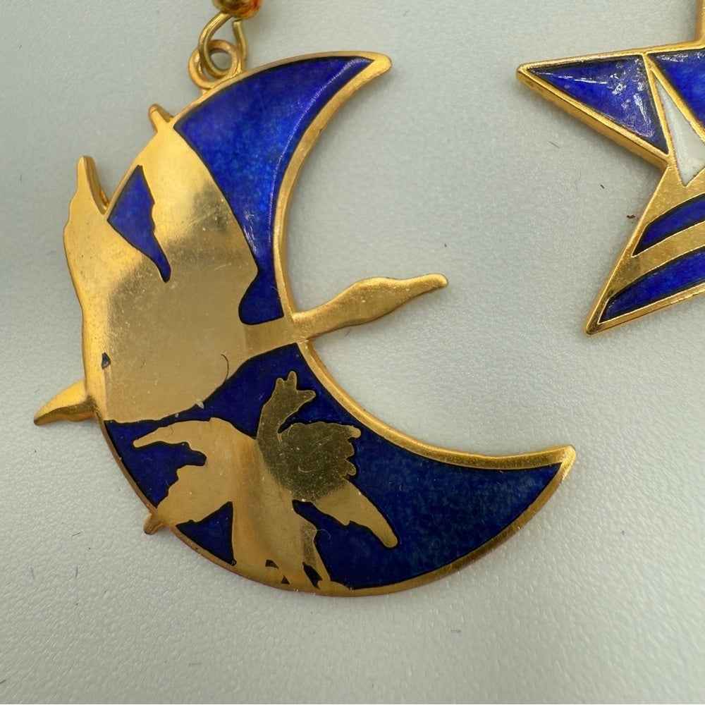 Vintage Cloisonne Blue and Gold Star and Moon Earrings