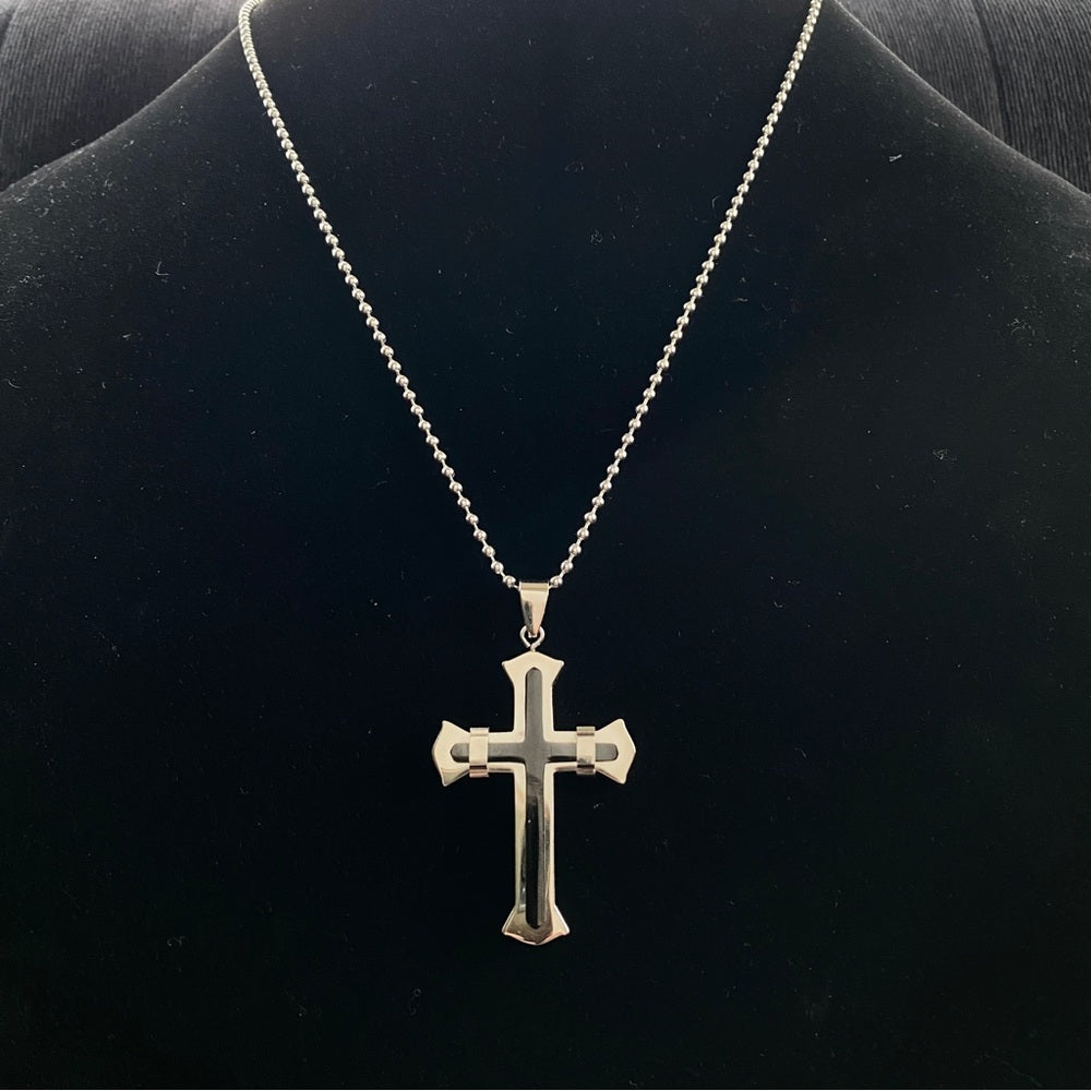 Modernist Stainless Steel Black Onyx Gothic Cross Pendant and 22in Chain