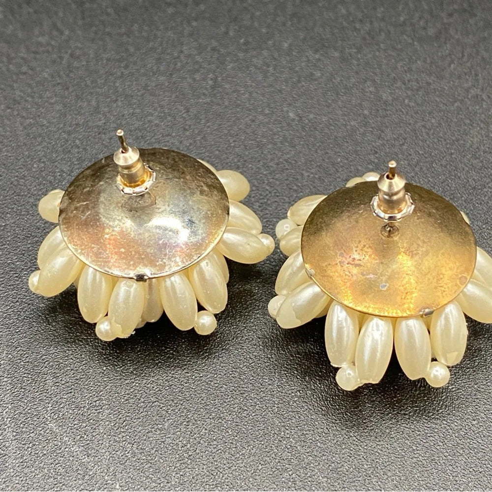 Vintage Cluster Earrings with Faux Pearl Beads in a Flower Design - pierced