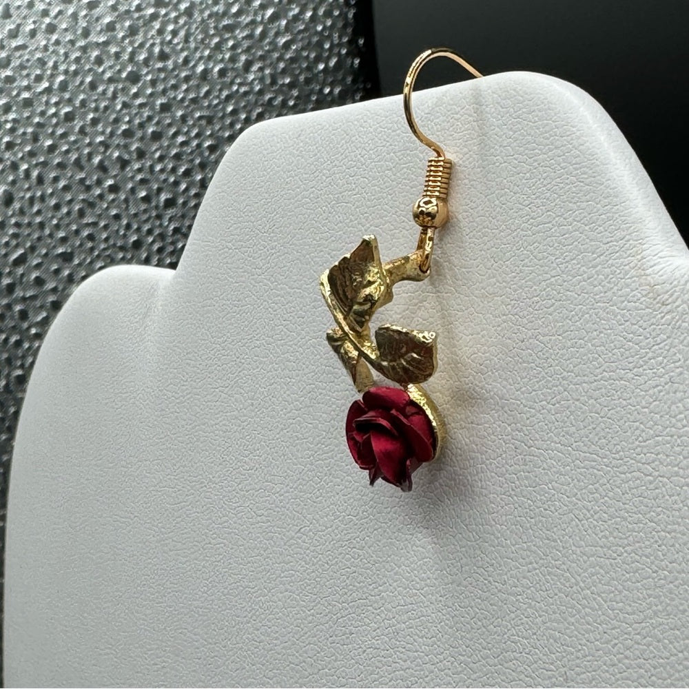 Vintage Red Rose Gold Tone Hook Earrings