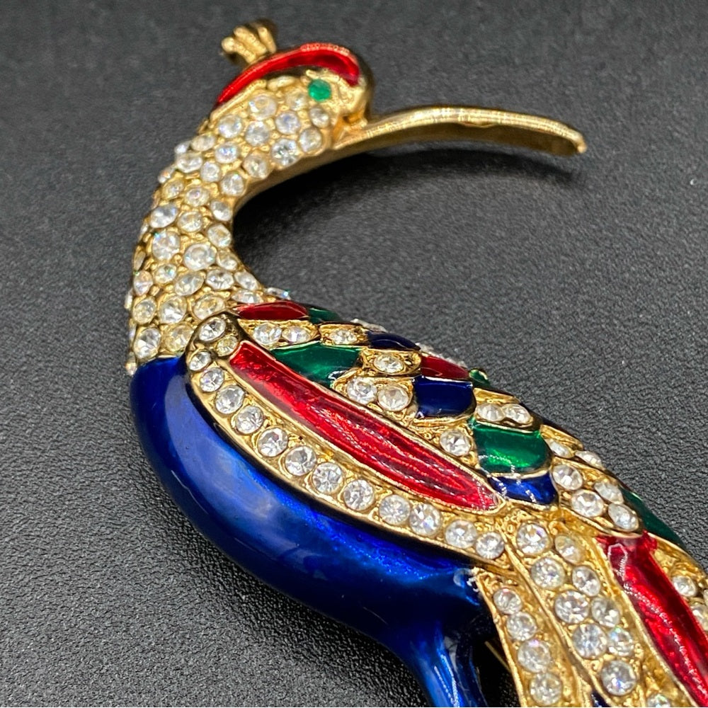 Colorful Bird Brooch In Blue, Red, Green Enamel and Sparkly Rhinestones in Gold