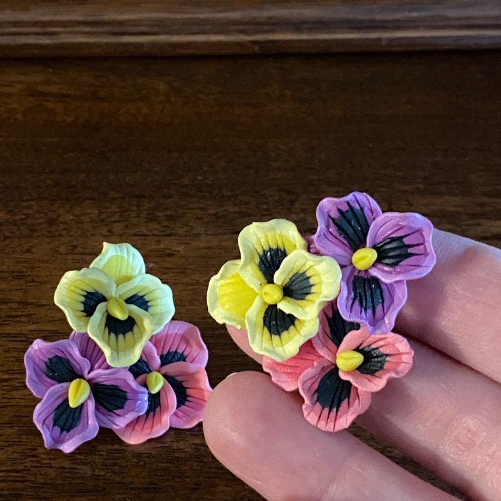 Pansy Flower Bunch Polymer Push Back Earrings