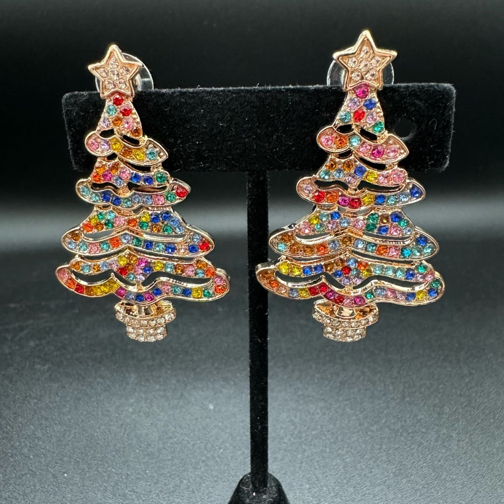 Glittery Crystal Studded Christmas Tree Earrings Pierced