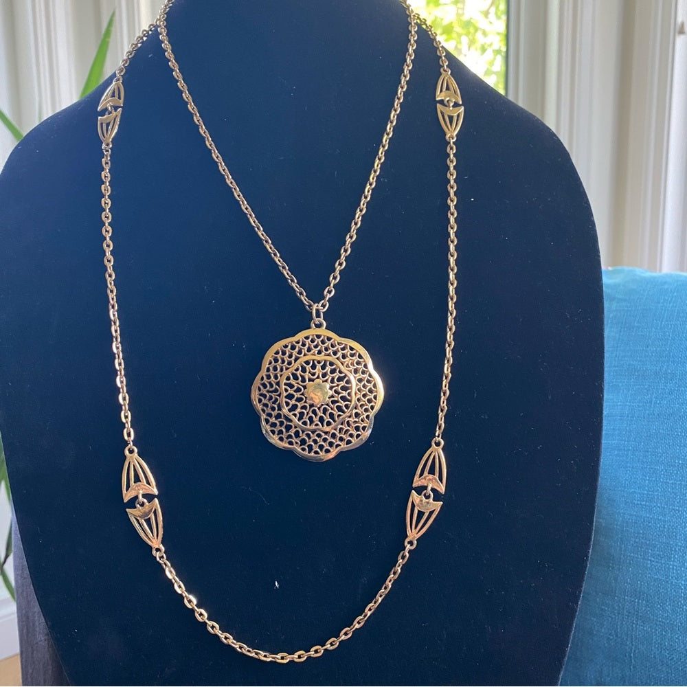 Vintage Multilayer Egyptian Revival Necklace with Intricate Gold Tone Filigree Pendant