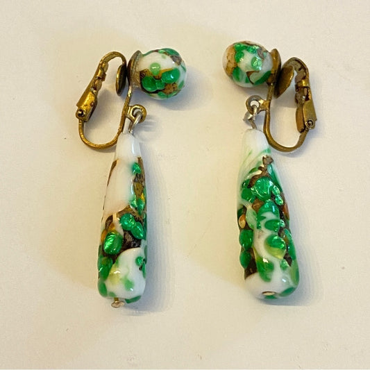 Vintage Venetian Glass Green and White Clip On Drop Earrings