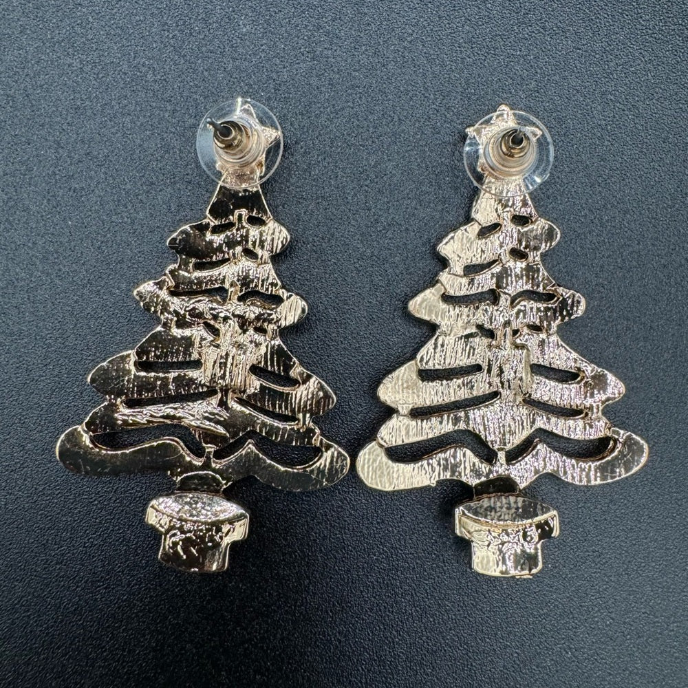 Glittery Crystal Studded Christmas Tree Earrings Pierced