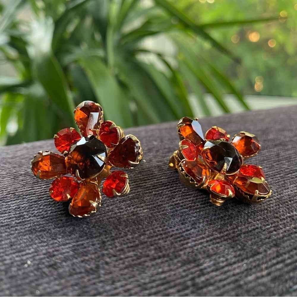 1950s Canary Orange Floral Clip On Earrings