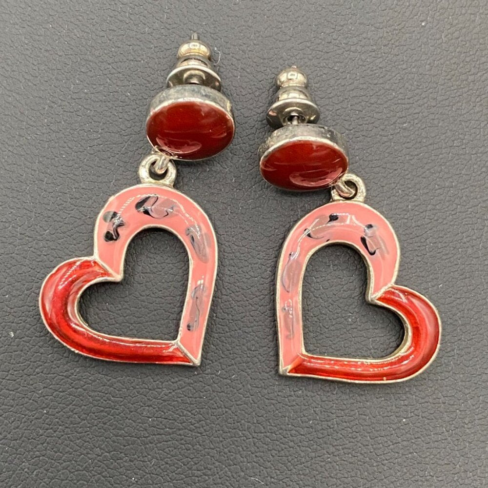 Pink and Red Enamel Heart Dangle Earrings