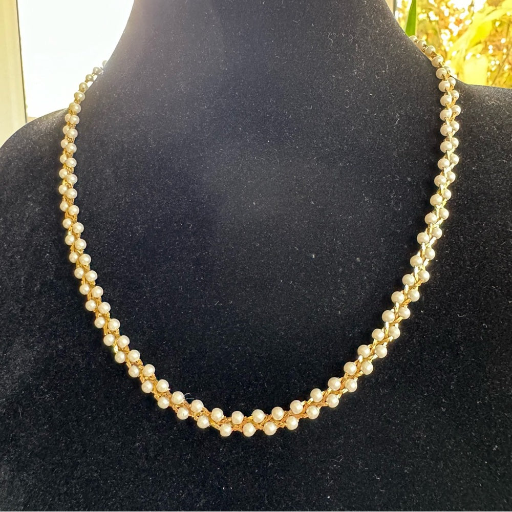 Braided Gold and Faux Pearl Vintage Necklace