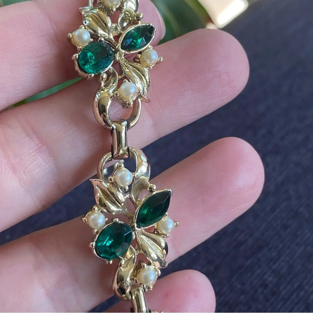Ornate Emerald and Faux Pearl Gold Tone Victorian Inspired Bracelet