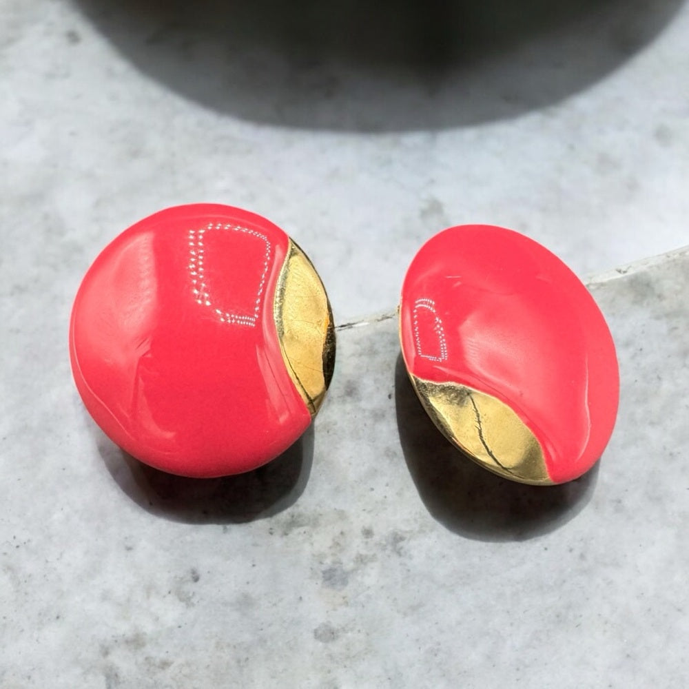 Dusty Rose Enamel and Gold Pierced 80s Earrings