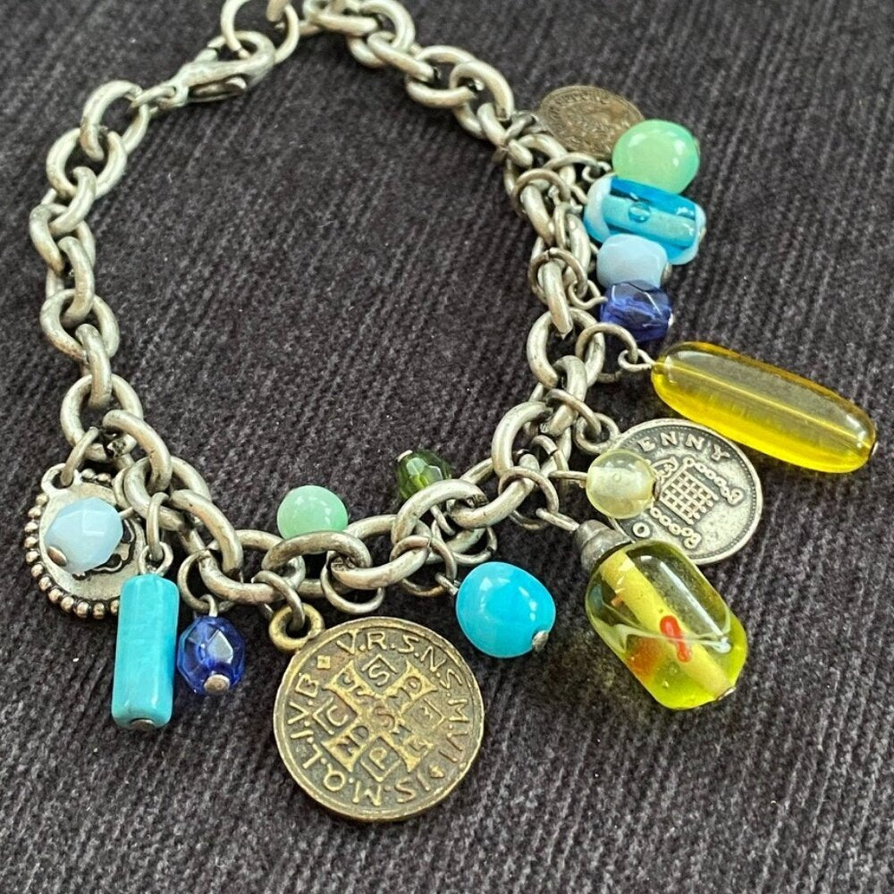 Charm Bracelet with British Empire Coins and Art Glass Murano Beads