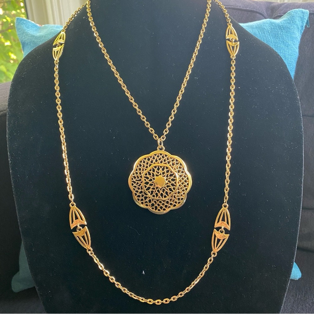 Vintage Multilayer Egyptian Revival Necklace with Intricate Gold Tone Filigree Pendant