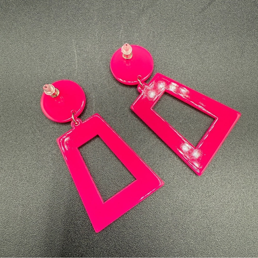 Vibrant Neon Pink Geometric Exclamation Point PopArt Cartoon Earrings