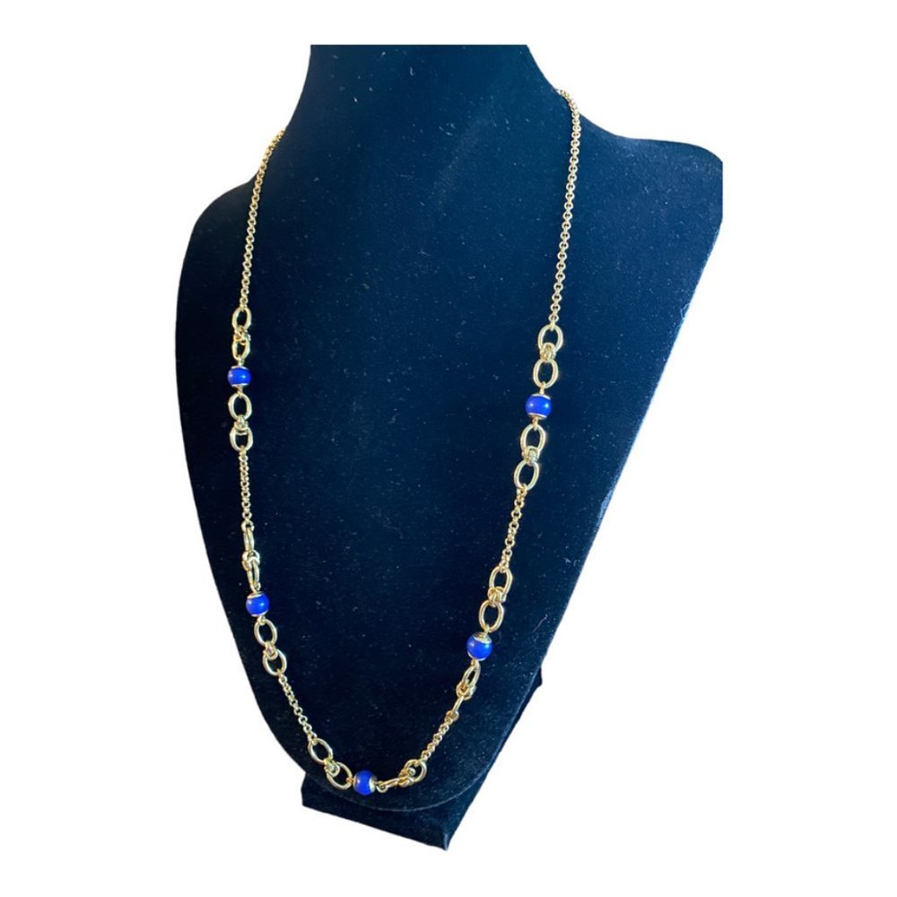 Banana Republic Gold Tone Cable Chain with Blue Accent Beads - Nautical Necklace