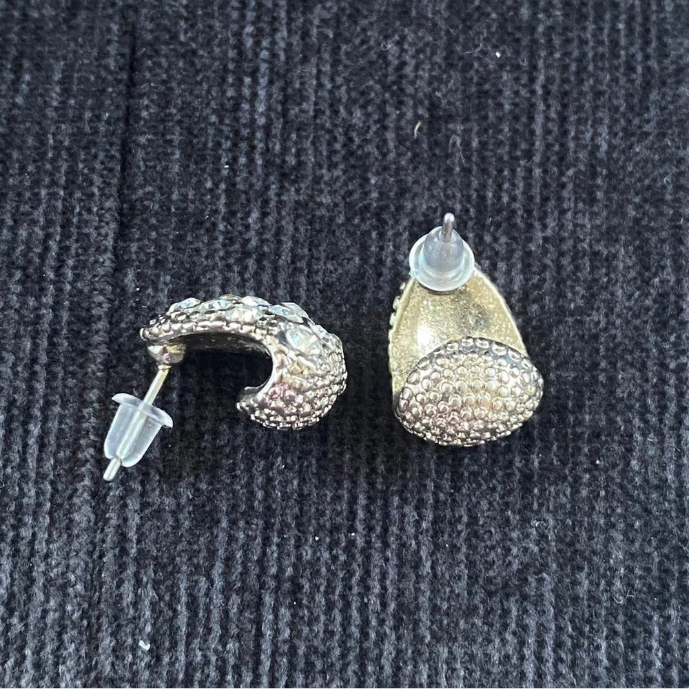 Crystal Rhinestone Encrusted Silver Enamel Huggie Earrings