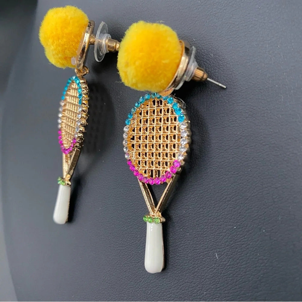 Cute Tennis Racket Statement Earrings with PomPom and Rhinestones