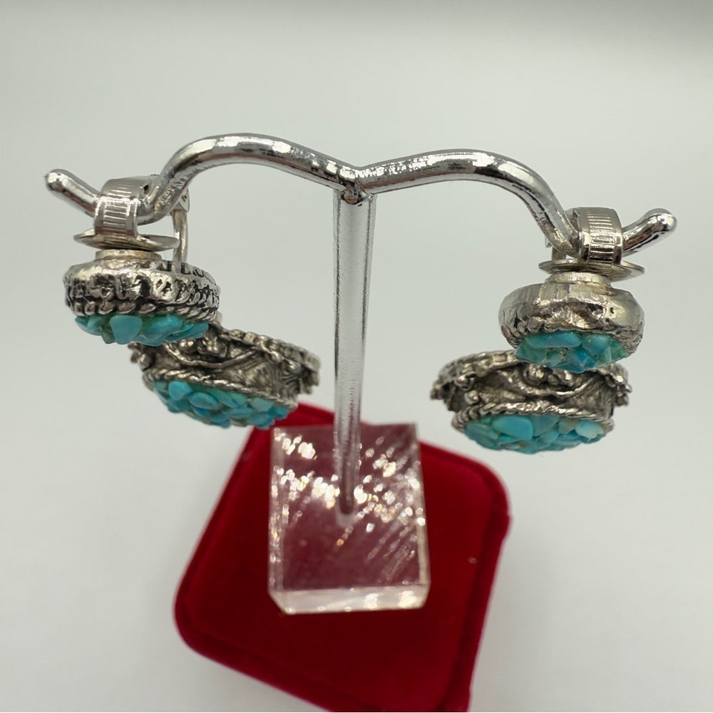 Vintage Southwestern Chunky Turquoise Silver Plated Clip On Earrings